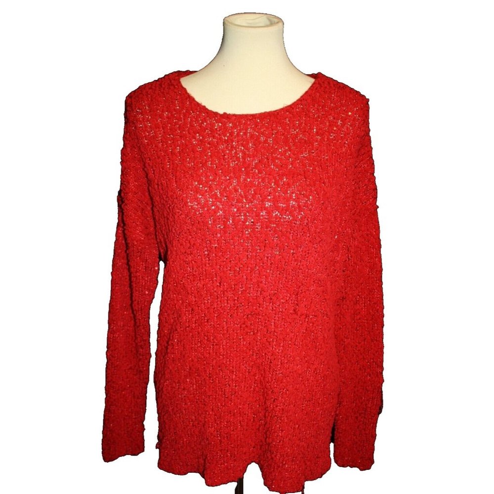 CJ Banks Womans Sweater XL Bright Candy Apple Red Pullover Crewneck Loose Fit